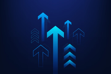 Business arrow up growth Investment technologies, finance and investment profit growth. Trading stock increase on blue background. Fantastic hi-tech design. Vector illustration