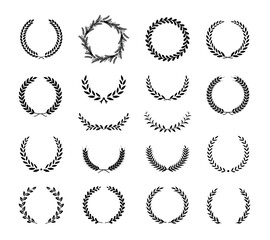 Collection of different black and white silhouette circular laurel foliate and wheat wreaths depicting an award, achievement, heraldry, nobility. Vector illustration.