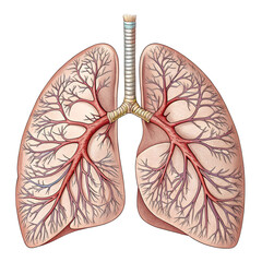 Detailed illustration of human lungs isolated on white background, showing respiratory anatomy and structure for medical
