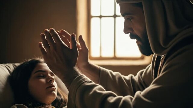 Man with raised hands praying over a sick woman in bed, biblical time healing and resurrection concept footage.