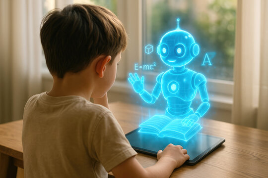 Child interacting with an educational holographic robot displaying scientific formulas and symbols from a tablet device