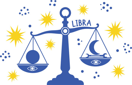 Illustration of libra zodiac sign with scales moon and stars on black