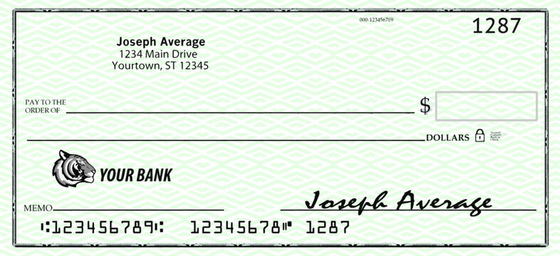 A mock, generic personal banking check that is blank is seen here as a vector image to be used as a graphic resource.