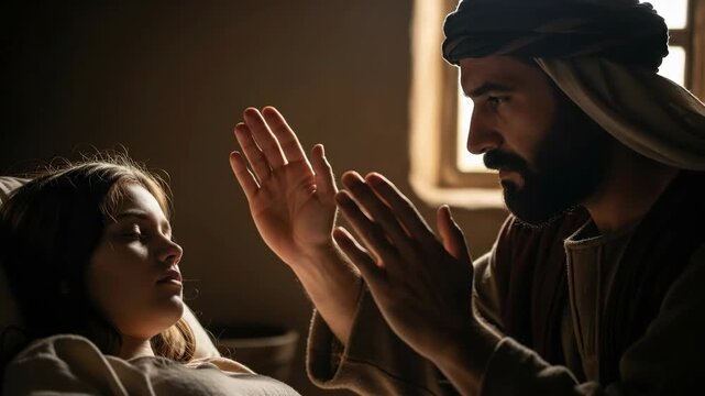 Man performs healing through prayer for sick woman, illustrating biblical miracle and early Christian faith, spiritual devotion footage.