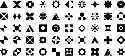 Geometric abstract shape collection in minimal black and white design, modern pattern set, symbol, icon, graphic, vector, background