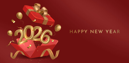 Elegant 2026 Happy New Year celebration with golden numbers, festive ribbons, gift box, and flying balloons on luxurious red background