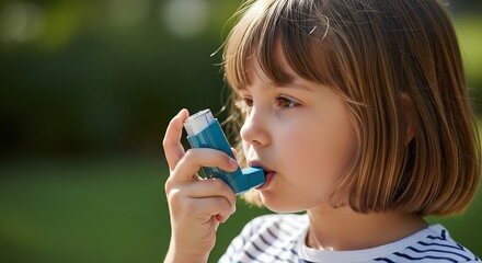 A young child with light brown hair uses a blue and white asthma inhaler outdoors, focusing on the device.