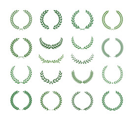 Set of green silhouette laurel foliate wreaths. Vector illustration for your frame, border, ornament design, wreaths depicting an award, achievement, heraldry, emblem, logo.
