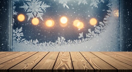 Wooden table with frozen window and snowflakes in the background