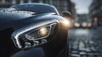 Sleek black sports car lights up a rainy street at dusk, showcasing urban elegance and power