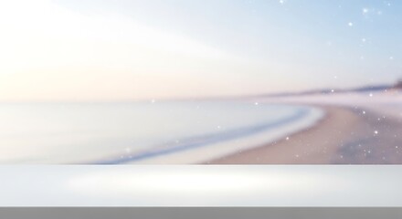 Winter beach background with empty table top for product display mockup