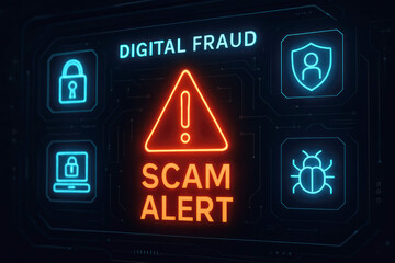Digital fraud alert screen with warning symbols and icons for security and threats scam alert danger
