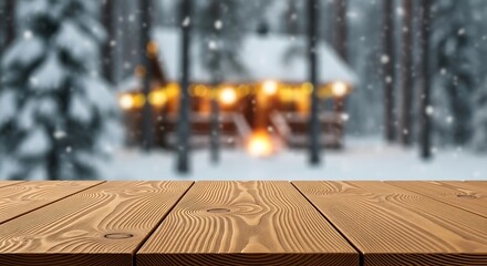 Empty wooden table with blurred winter cabin in the forest background