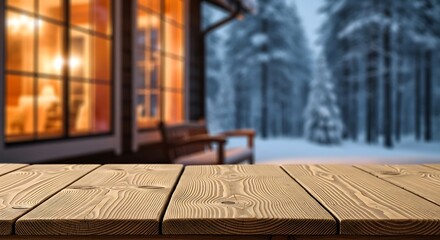 Empty wooden table with blurred winter cabin in the forest background