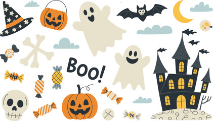 Cute flat Halloween illustration with ghosts, pumpkins, candies, witch hat, haunted castle, bat, skull, moon, spooky festive cartoon decoration