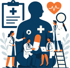  Creative Team of Doctors Performing Patient Check-Up in Flat Three-Color Vector Style
