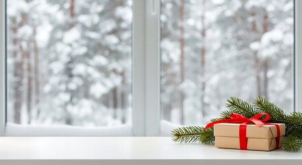Christmas gift box with red ribbon on table near window with winter forest