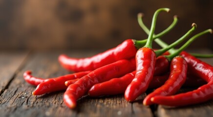 Many red chili peppers on a wooden table
