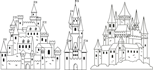 Obraz premium Three colorful cartoon castles with flags and towers on a white background