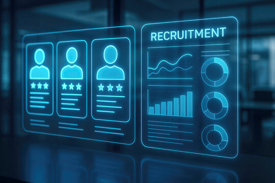 Digital interface displaying recruitment profiles and analytics data human resources hiring