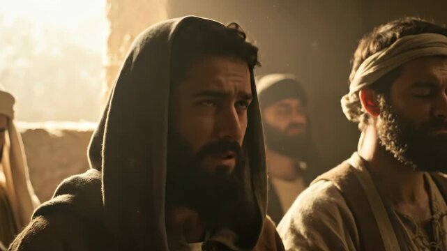 A biblical scene showing ancient men listening intently and looking up in spiritual awe, early christian prayer footage