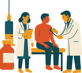 Simple Flat Vector of Hospital Scene with Doctors Doing Patient Check-up — 3-Color Minimal Design
