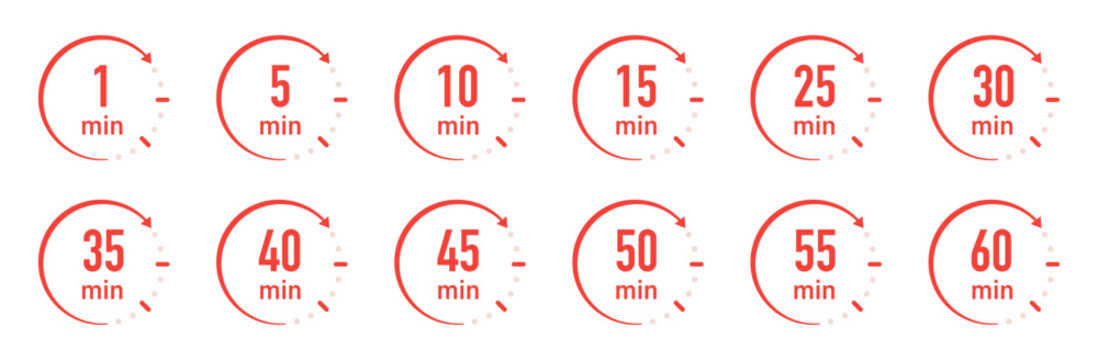 Set of min icons with circle arrows. Clock hands 1, 5, 10, 15, 20, 25, 30, 35, 40, 45, 50, 55, 60 min. Stopwatch symbols. Delivery time icon set. Service time, isolated on white. Vector illustration