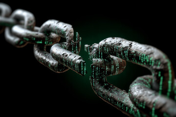 Broken chain turning into digital code cyber security concept