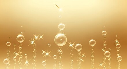 Golden bubbles and stars floating on a gold background with light effect
