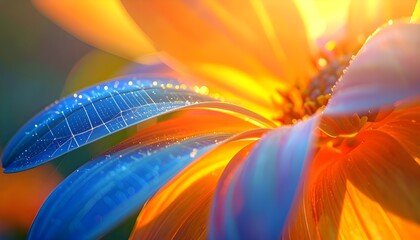 Cinematic macro photo showing vivid orange and blue flower petals with luminous solar-cell texture, symbolizing the fusion of art, nature, and sustainable energy innovation