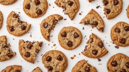 Close up of chocolate chip cookie pieces with crumbs isolated on white background