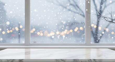 Marble table top with blurred winter snowfall background and bokeh lights