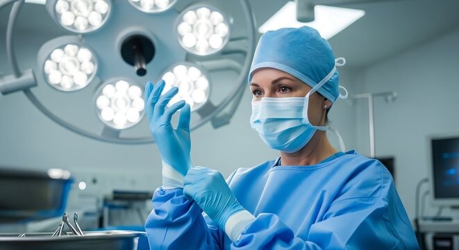 Female surgeon in blue scrubs, mask, and cap, putting on sterile gloves in a brightly lit operating room, preparing for surgery.