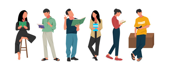 A set of young male and female students reading books while holding open textbooks. Flat cartoon vector illustration of education, studying, and love for learning on white background.