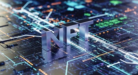A digital circuit board with the letters 'NFT' in the center.