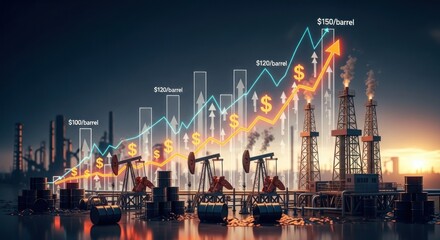 Fototapeta premium A cityscape with oil rigs and pipes, representing the oil industry. The concept of energy and economy.