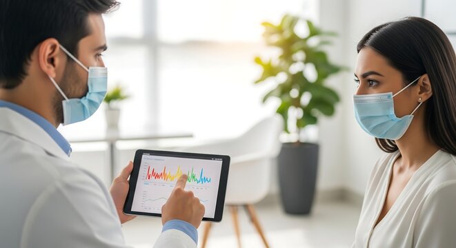 Doctor in face mask showing medical data on tablet to female patient during consultation. - Powered by Adobe