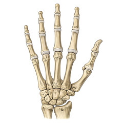 Detailed illustration of human skeleton hand bones isolated on white background, showing bone anatomy for medical