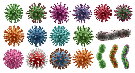 Collection of various viruses and bacteria, isolated on transparent background