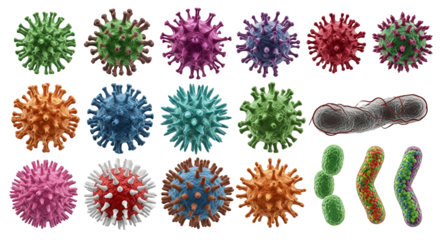 Collection of various viruses and bacteria, isolated on transparent background