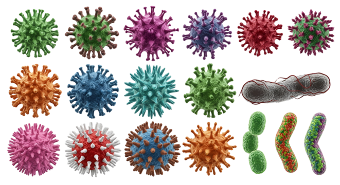 Collection of various viruses and bacteria, isolated on transparent background