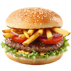 Delicious Hamburger with Crispy French Fries on White Background for Foodies and Restaurants