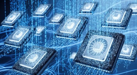 A digital circuit board with binary code and clock faces.