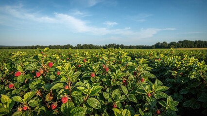 Raspberry fields in Serbia during summer with lush green foliage and ripening berries under a clear sky.