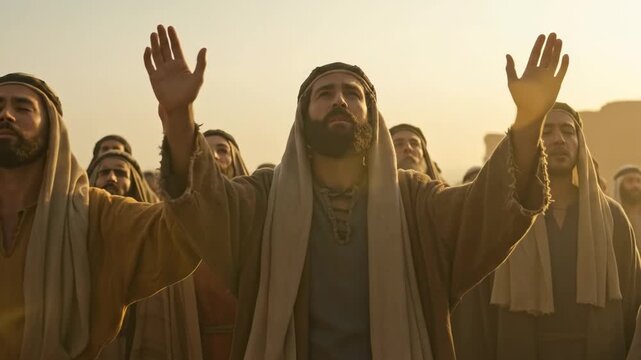 Group of ancient men in historical clothing raising their hands to the sky with religious reverence in biblical times, devotional footage.