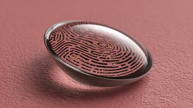 Close up of contact lens with a fingerprint pattern against a pink textured background