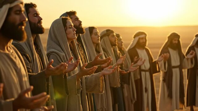 A group of first christians praying to god with raised hands outdoors in biblical times, slow motion footage