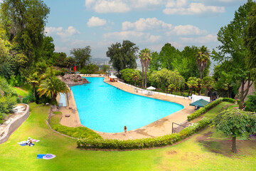 Santiago, Chile, 2020. The Antilén public pool, located on the summit of Cerro Chacarillas, within the Metropolitan Park. It is one of the most popular leisure options for Chilean families.