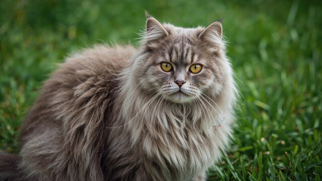 A large fluffy gray cat with green eyes and a long mustache resting on a background of green grass - Powered by Adobe