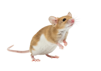 Isolated small tan and white mouse standing upright looking up alertly in studio setting